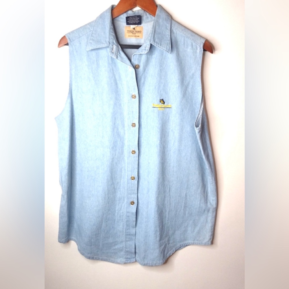 Turtle Island Fiji XL Chambray Cotton Sleeveless Button Down Top Plus